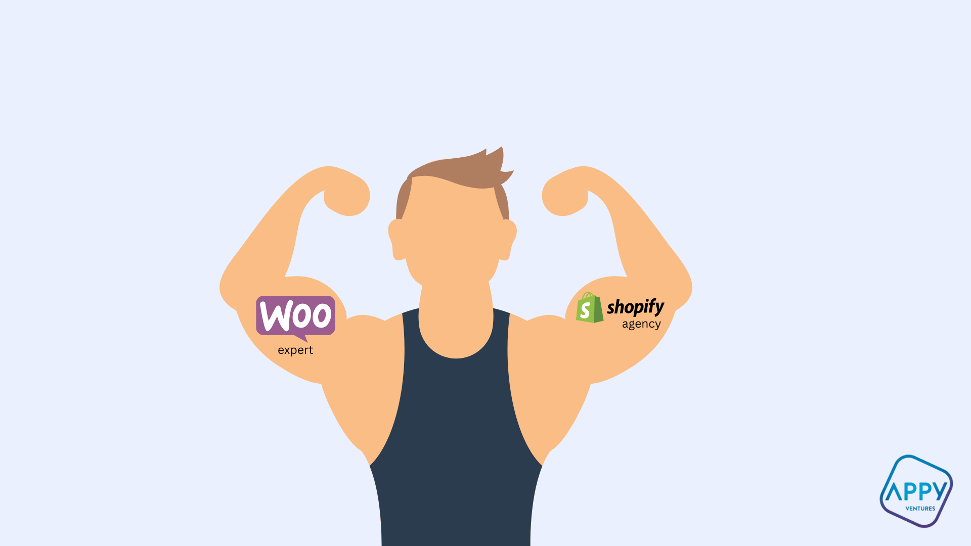 Man is showing his two biceps as a showcase of his two qualities, being a Shopify agency and WooCoomerce expert.